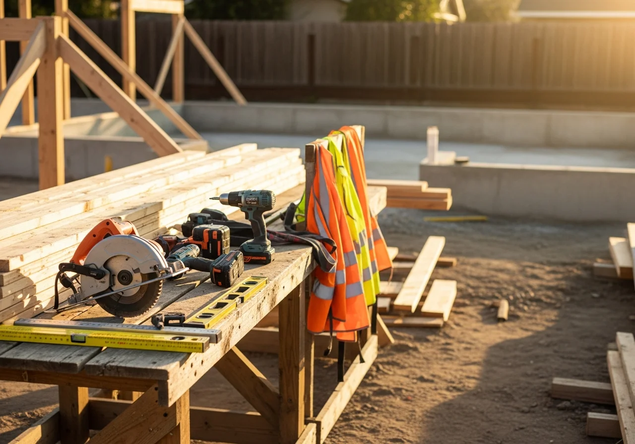 Construction crew and tools on a residential job site, showcasing professional building and remodeling equipment.