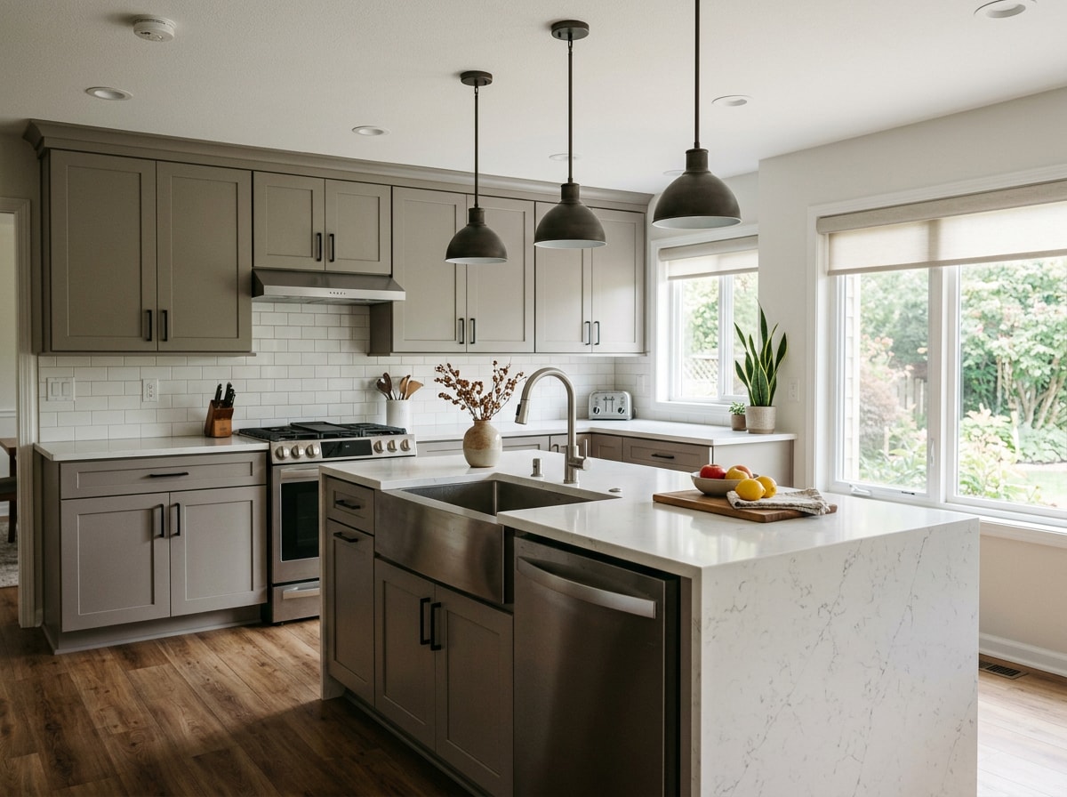 Mid-range remodeled kitchen with semi-custom shaker cabinets, quartz island, and recessed lighting