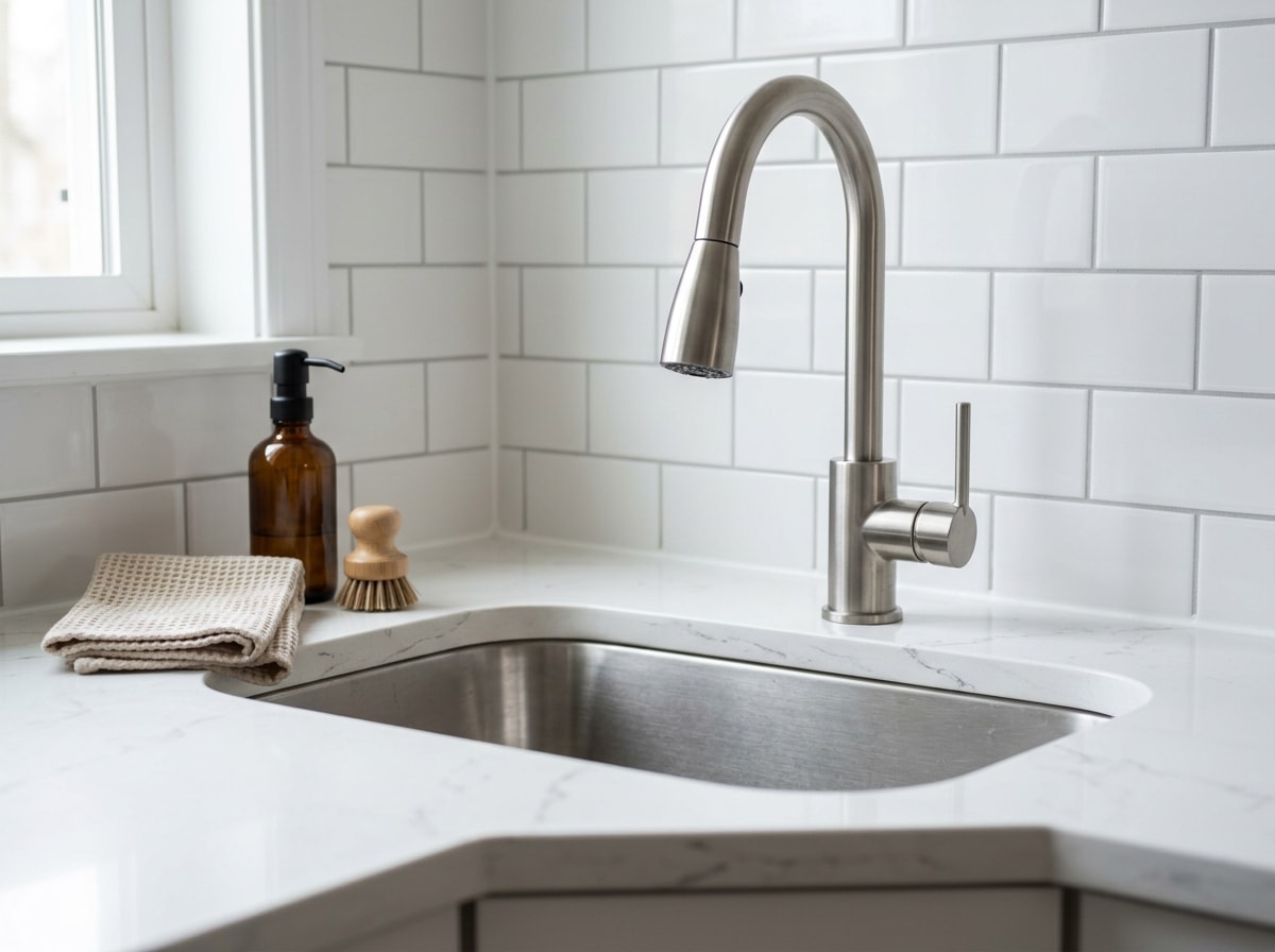 Quartz kitchen countertop with undermount sink and tile backsplash detail