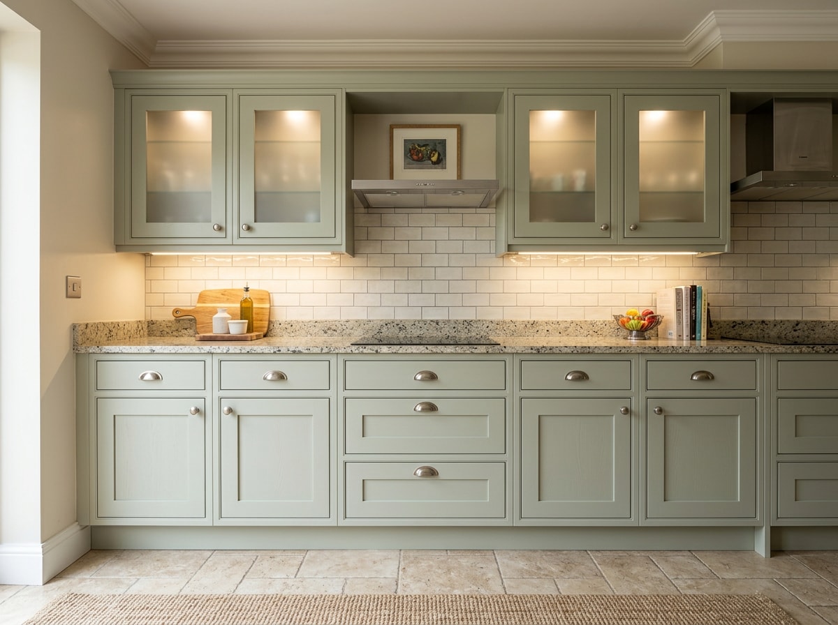 Finished kitchen cabinet run with crown molding, under-cabinet lighting, and new flooring