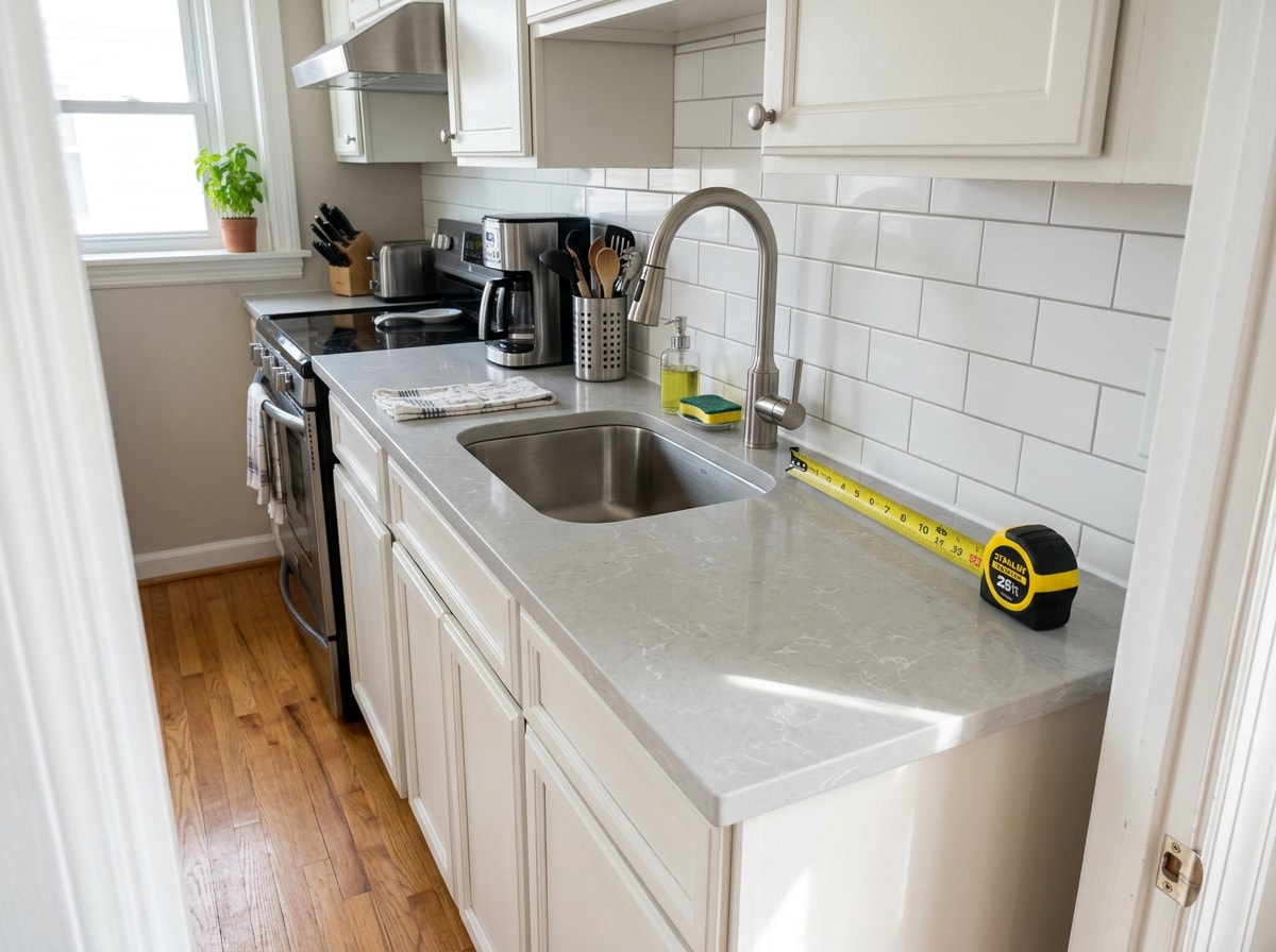 Finished small galley kitchen with a new quartz countertop run and undermount sink