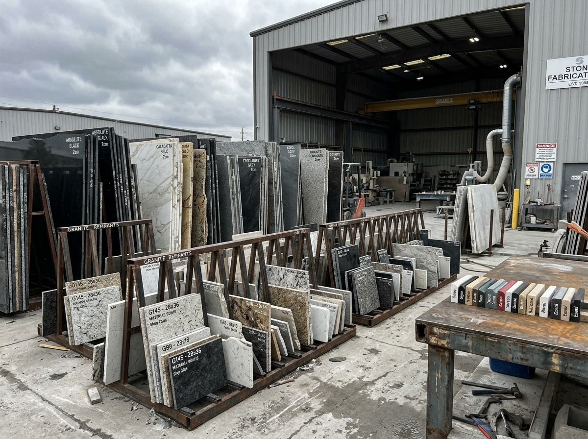Stone remnant yard with small countertop offcuts and edge profile samples