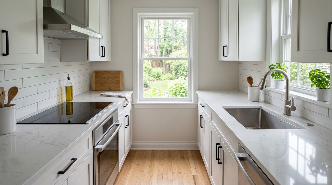 Small galley kitchen with newly replaced quartz countertops Small galley kitchen with newly replaced quartz countertops