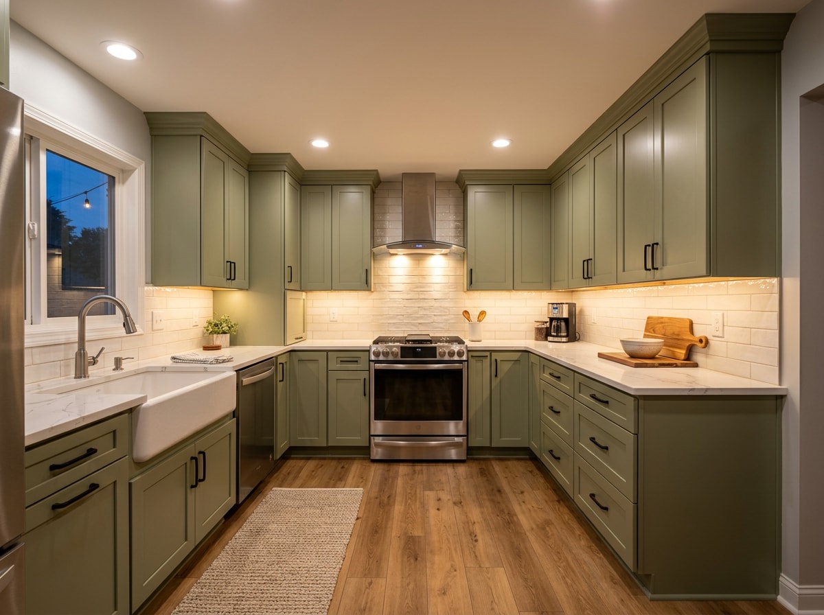 Mid-range kitchen remodel with semi-custom cabinetry, quartz countertops, and under-cabinet lighting
