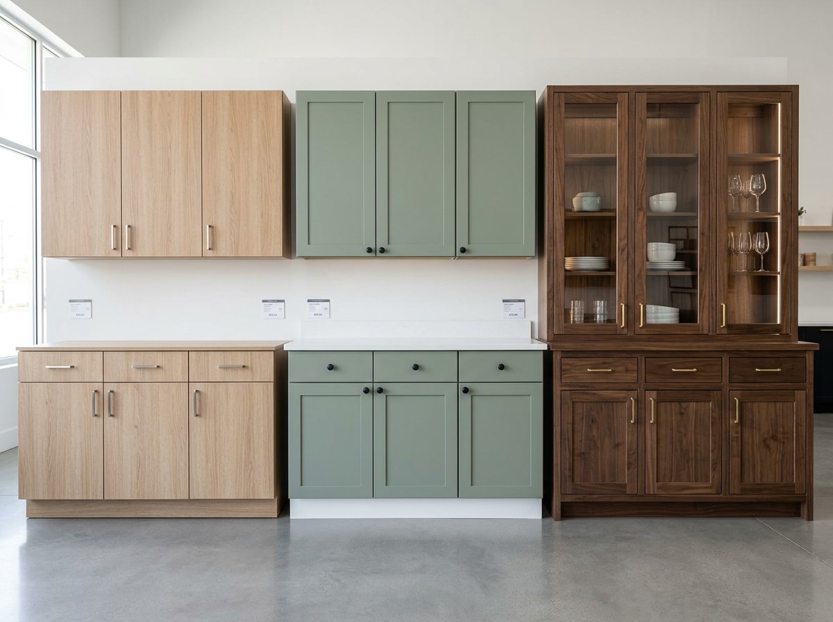 Comparison of stock, semi-custom, and custom kitchen cabinet styles installed in a remodeled kitchen
