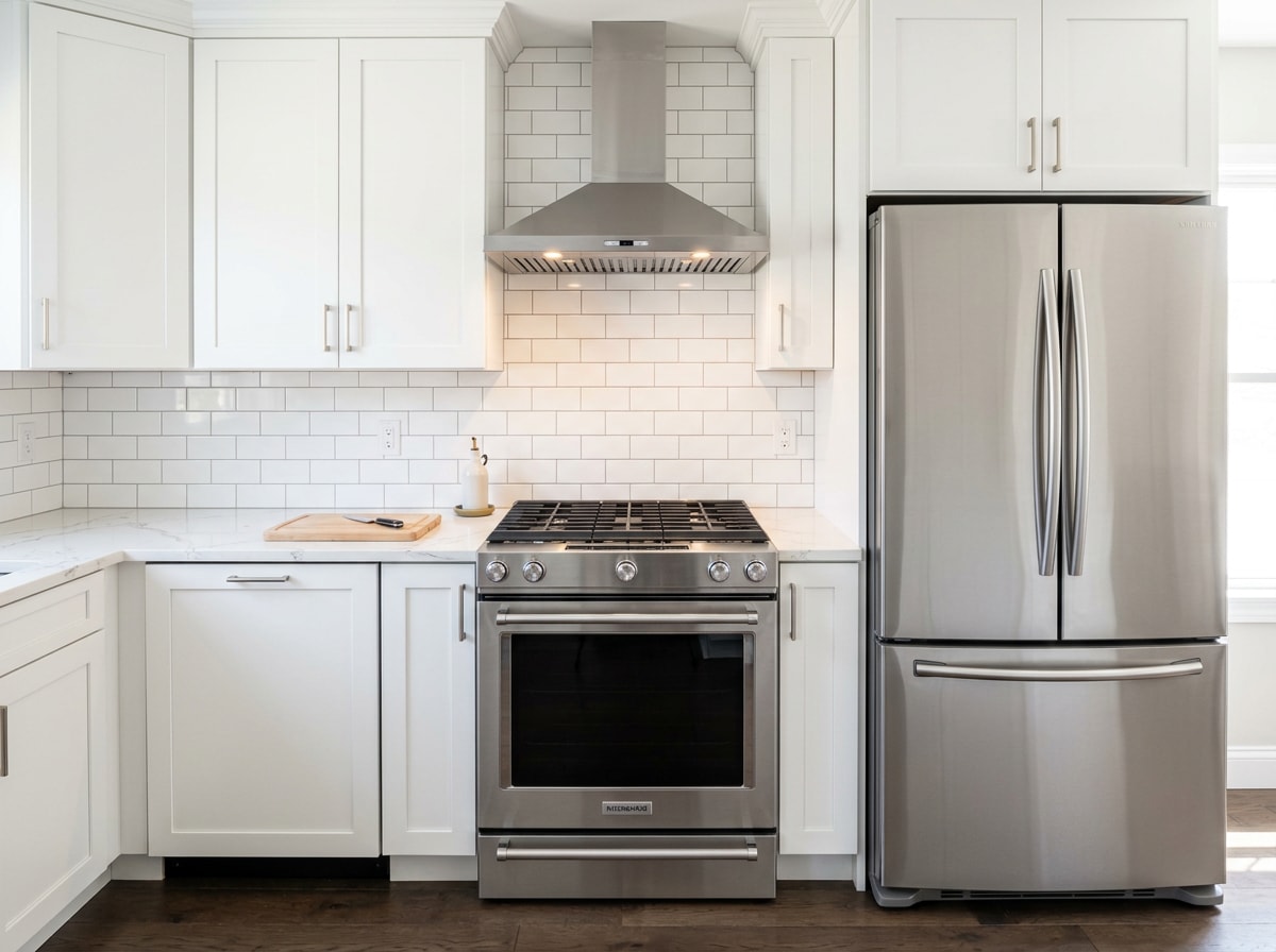 New stainless steel appliance package installed in a finished kitchen remodel