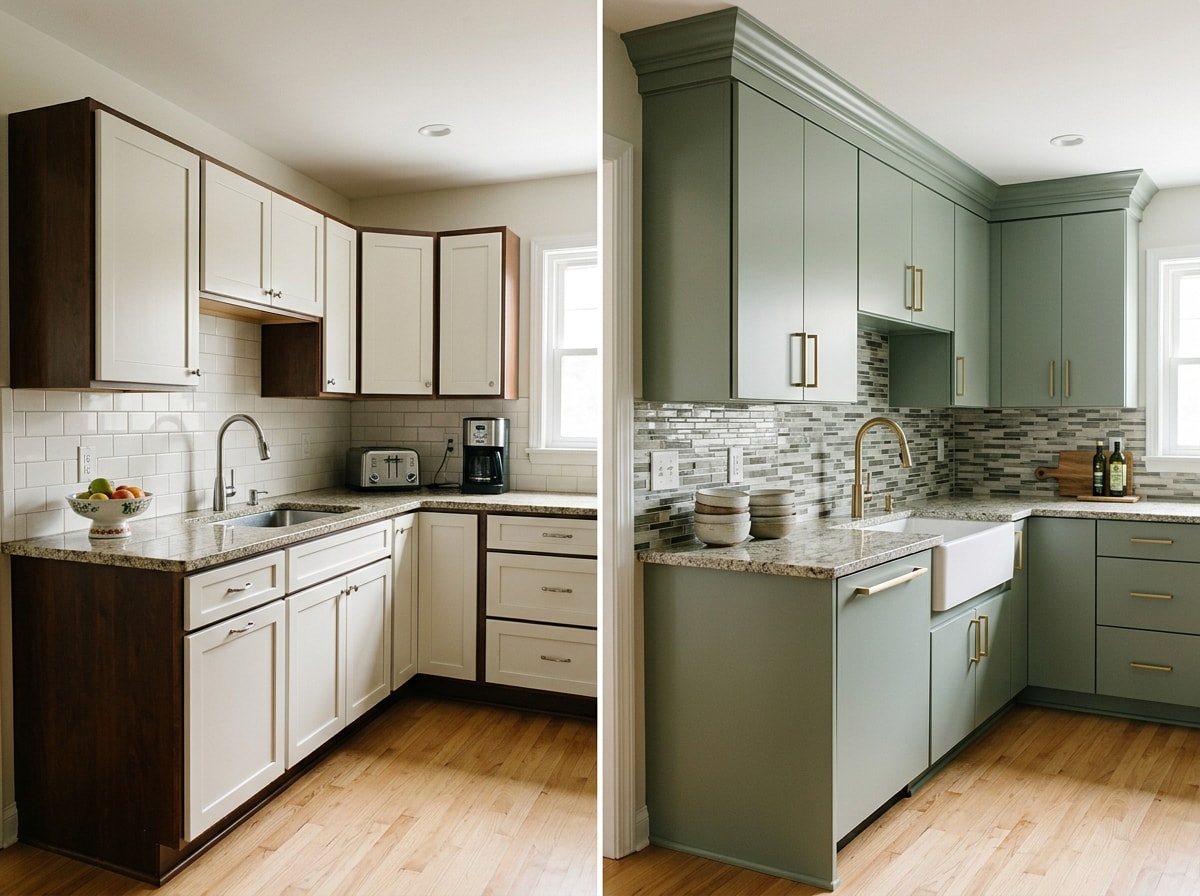 Side-by-side comparison of refaced kitchen cabinets and fully replaced cabinets
