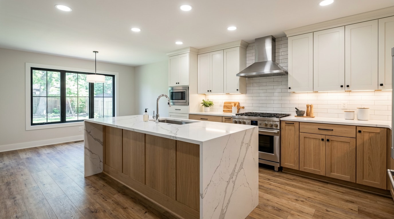 Finished mid-range kitchen remodel with semi-custom cabinets and quartz countertops