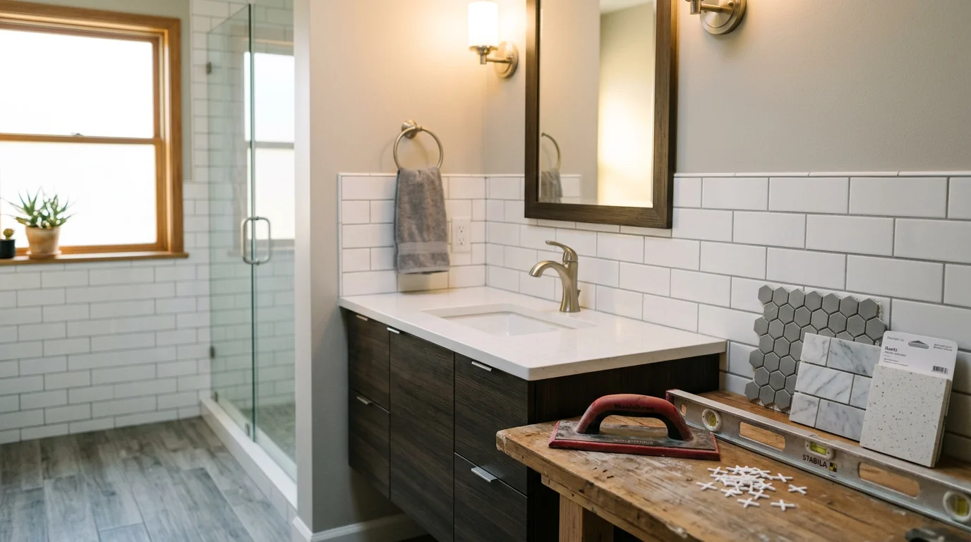 Modern bathroom with custom tile work, new fixtures, and updated flooring