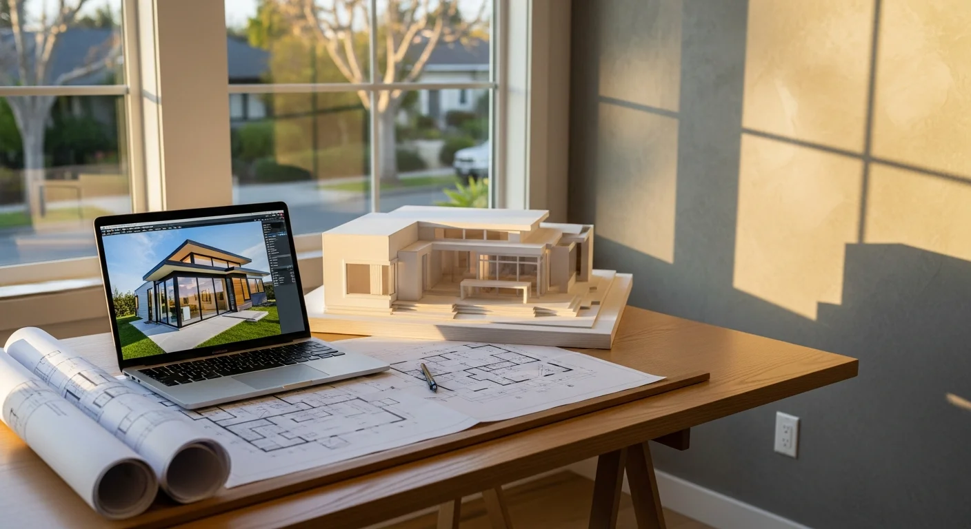 GS Design and Build architects and designers reviewing detailed architectural blueprints and 3D renderings for a Bay Area residential project