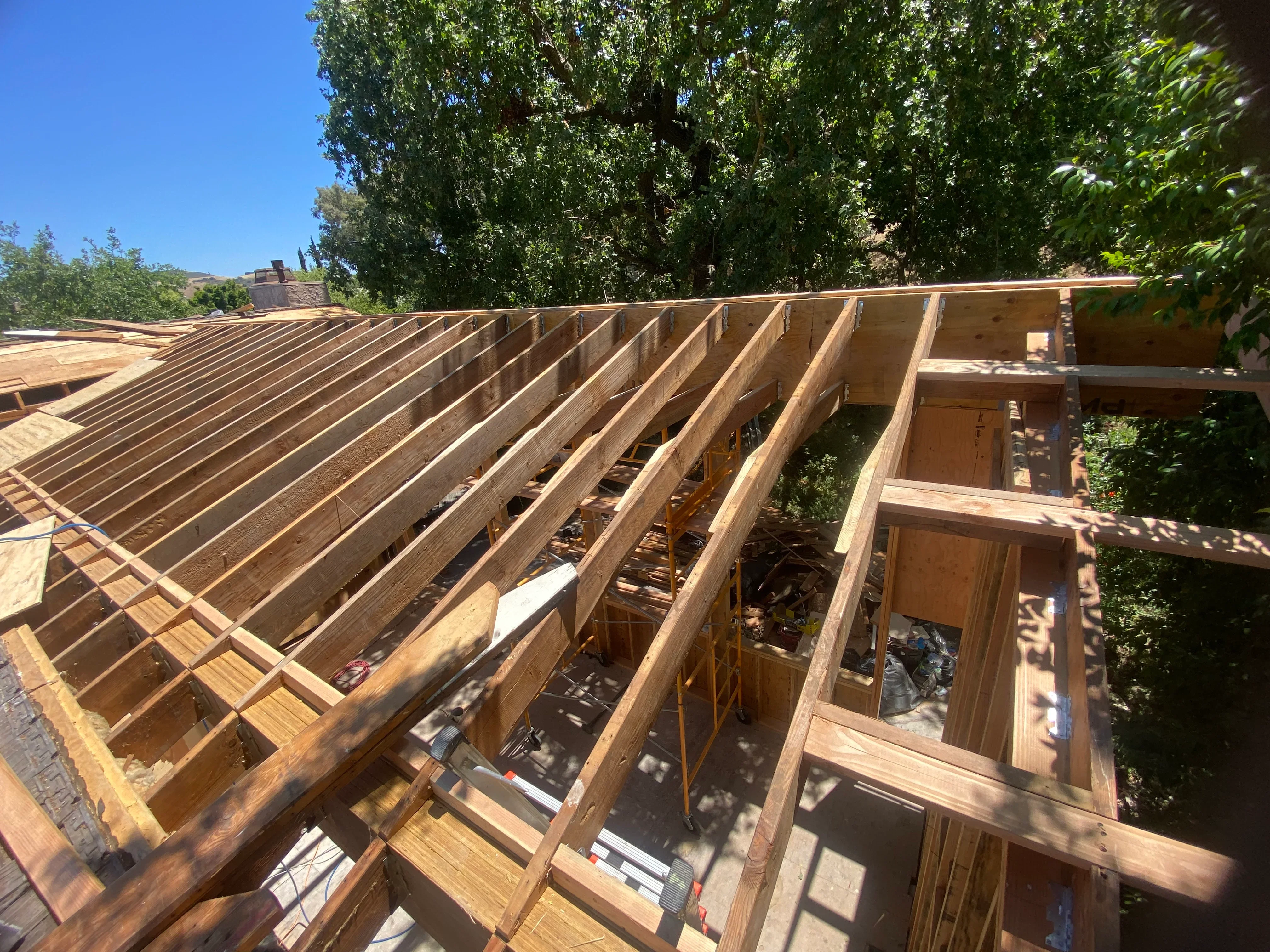 Wooden roof framing with exposed trusses and window openings during construction