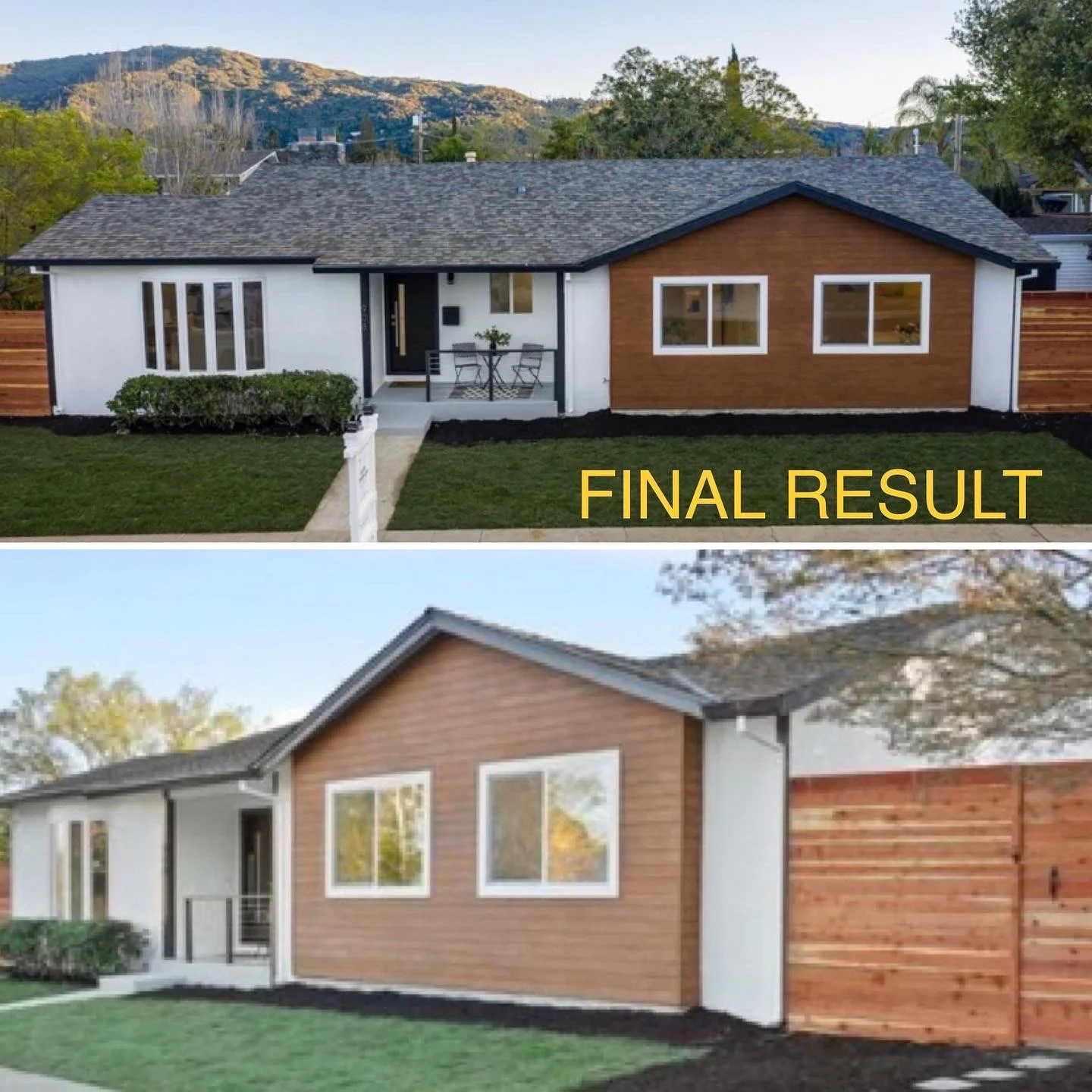 Modern home with brown composite siding, white trim, new roof, and wood fence