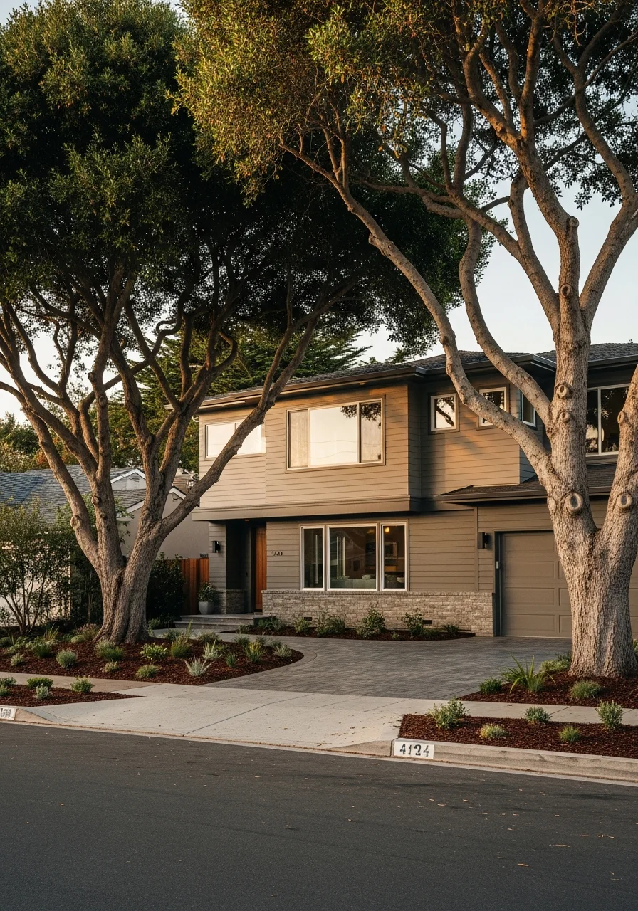Upscale Foster City residential street with mature landscaping and contemporary architecture