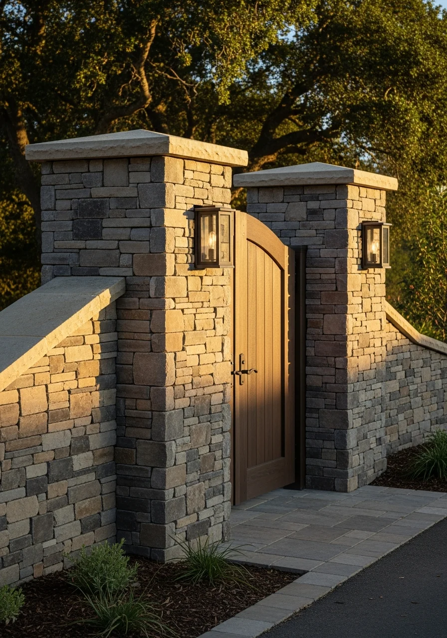 Close-up of a Los Gatos hillside home's front entrance with custom stonework and native plantings.