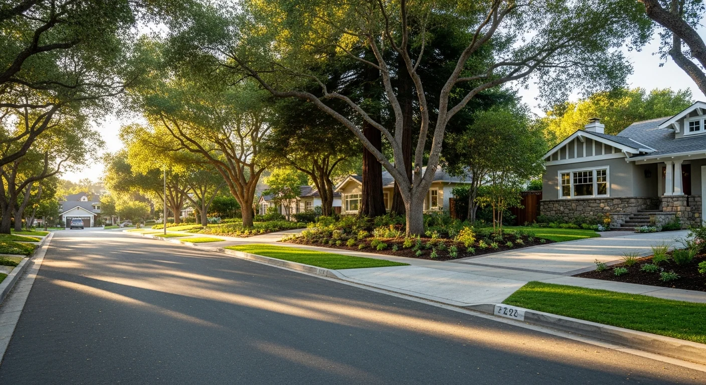 Tree-lined residential street in Los Gatos with well-maintained homes and mature landscaping on a sunny afternoon.