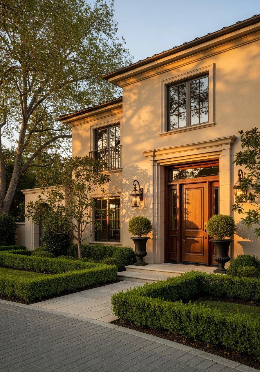 Menlo Park home's front entrance with refined landscaping and architectural detail.