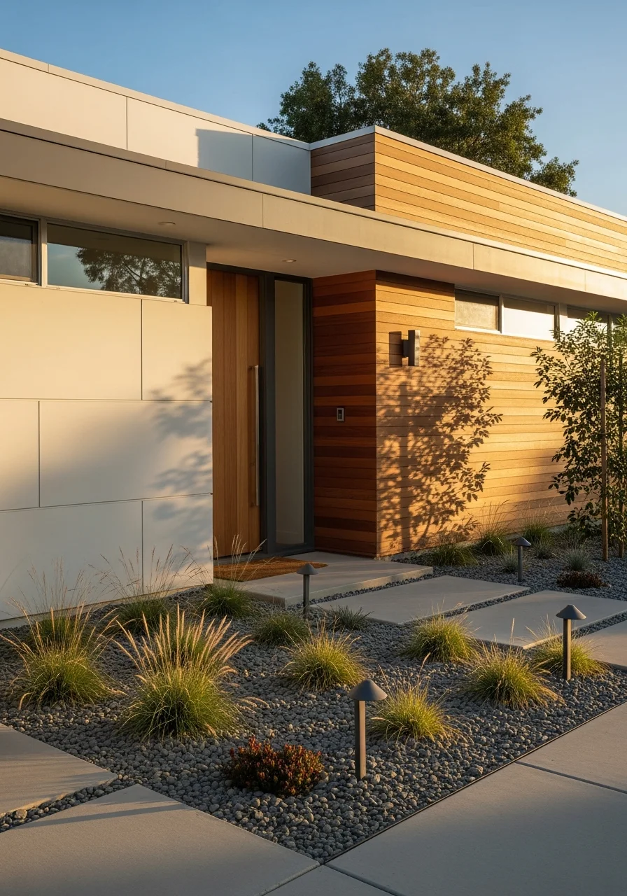 Detail of a Palo Alto home's entrance with modern landscaping and clean architectural lines.