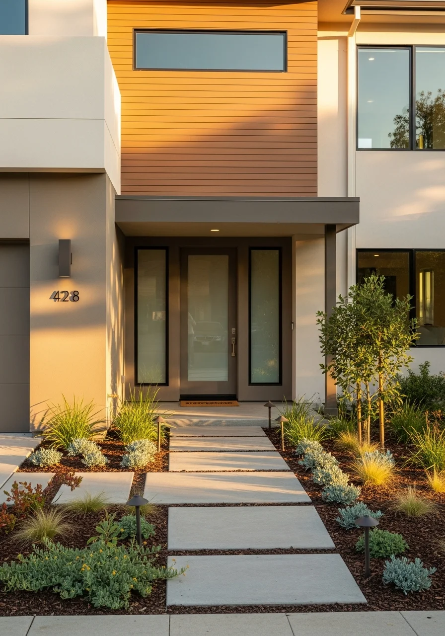 Sunnyvale home's entrance with contemporary landscaping and clean architectural design.