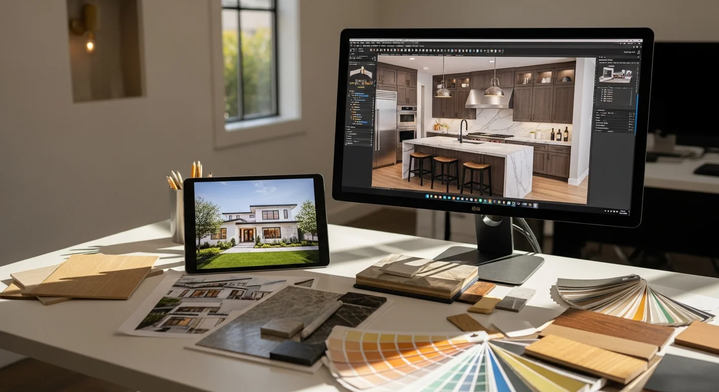 Photorealistic 3D rendering of a modern Bay Area home addition showing exterior materials, landscaping, and architectural details