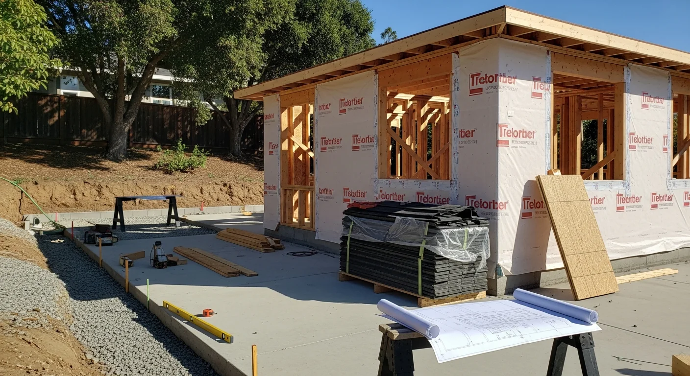 A newly constructed detached ADU in a Los Gatos backyard, featuring exterior siding and roofline matched to the primary single-family home. The unit includes a private entrance, windows, and a small landscaped path separating it from the main residence.