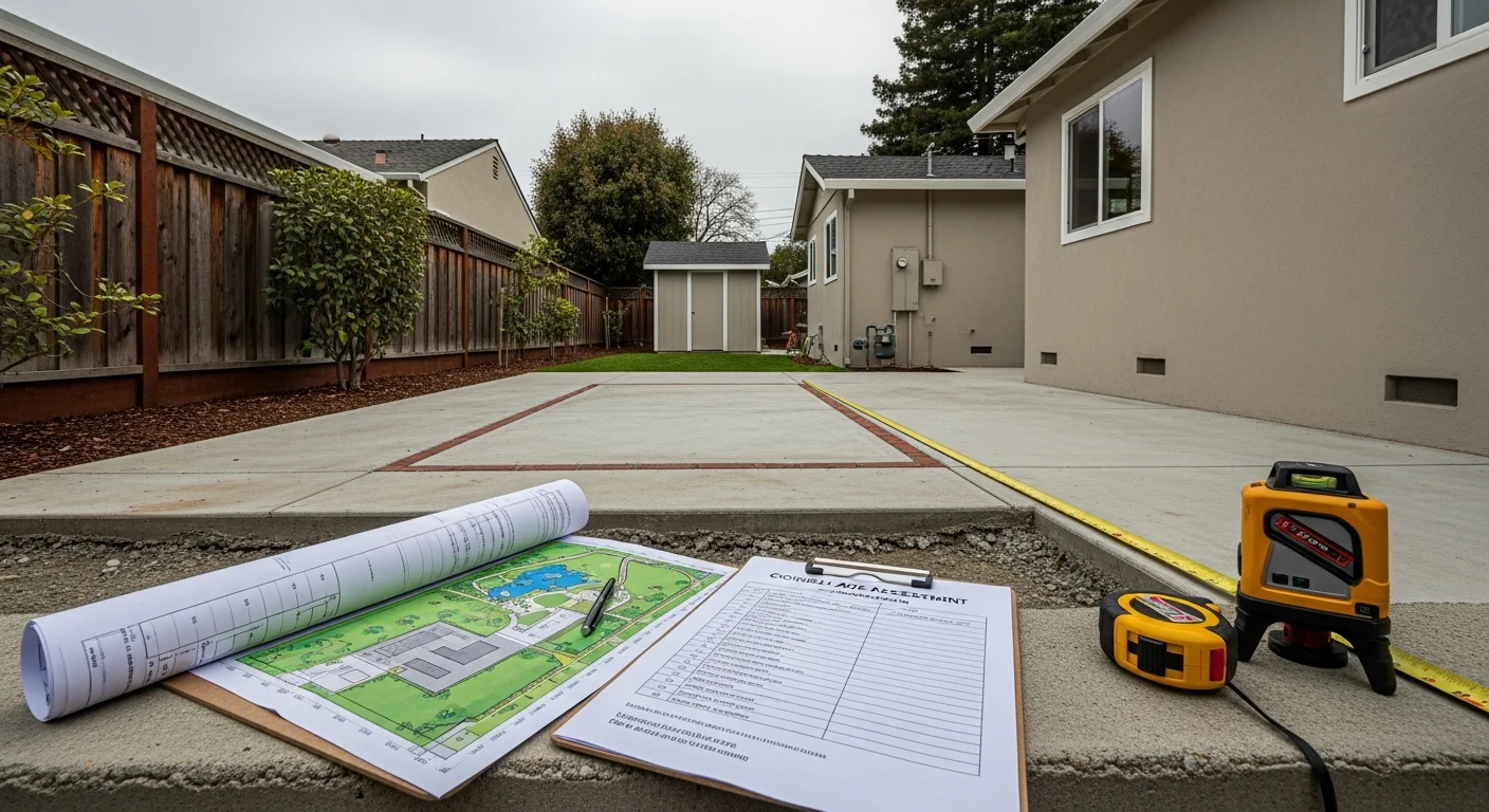 Architectural floor plan and site layout drawing for a detached ADU on a single-family residential lot in San Jose, California. The plan shows the proposed unit footprint, setback lines, and connection to the primary dwelling.