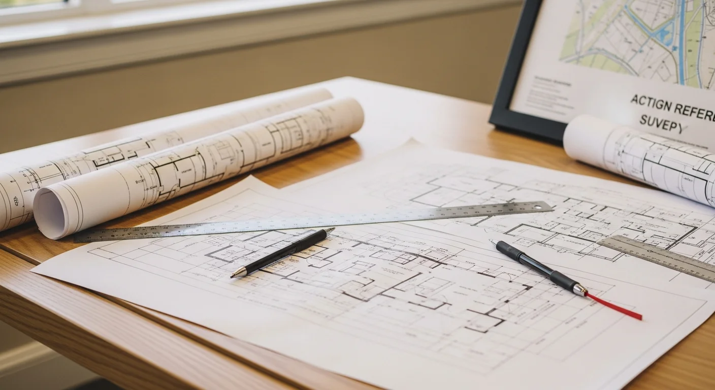 GS Design and Build architect reviewing detailed architectural blueprints and floor plans spread across a drafting table