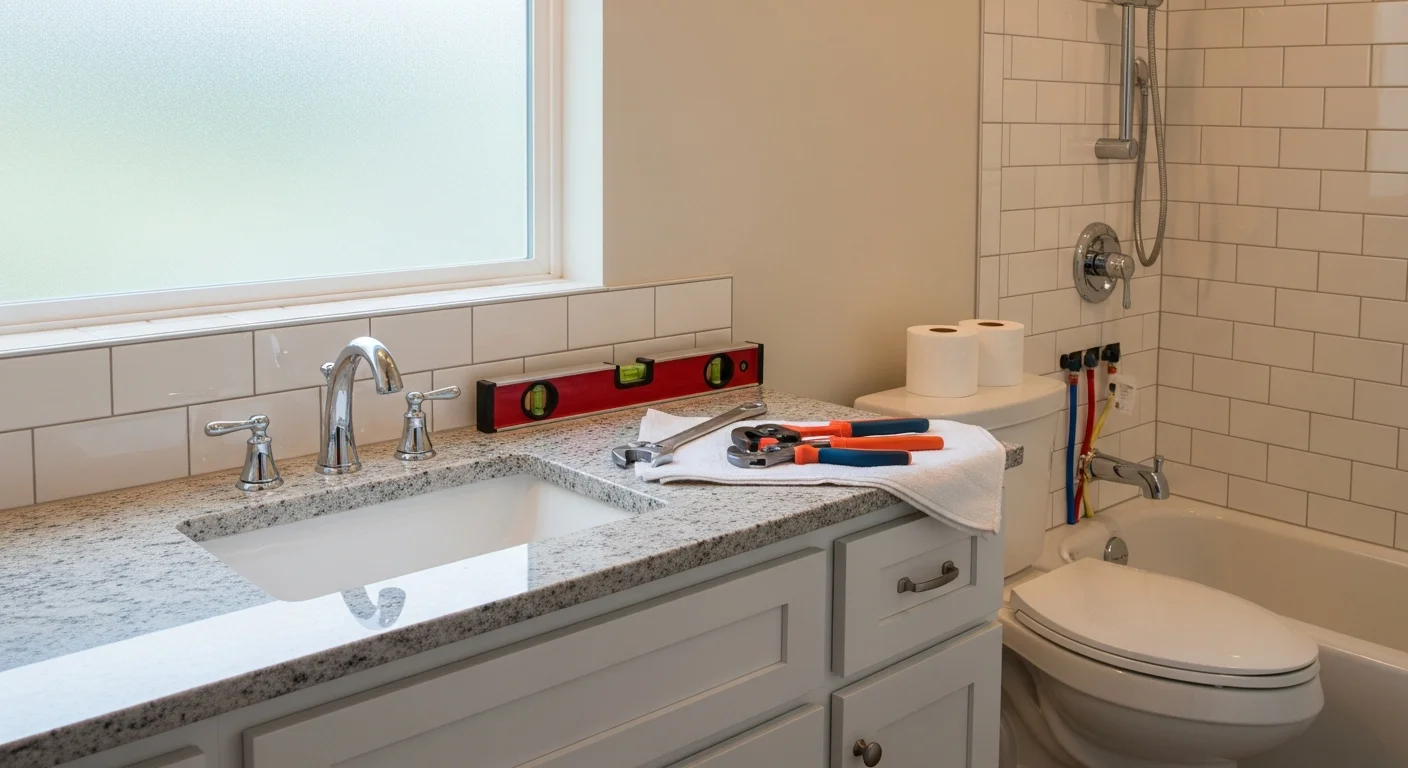 A newly installed bathroom vanity, sink, and faucet in a Los Gatos home, with clean plumbing connections and finished wall surrounds. The bathroom reflects the updated, quality-focused style common in Los Gatos residential remodels.