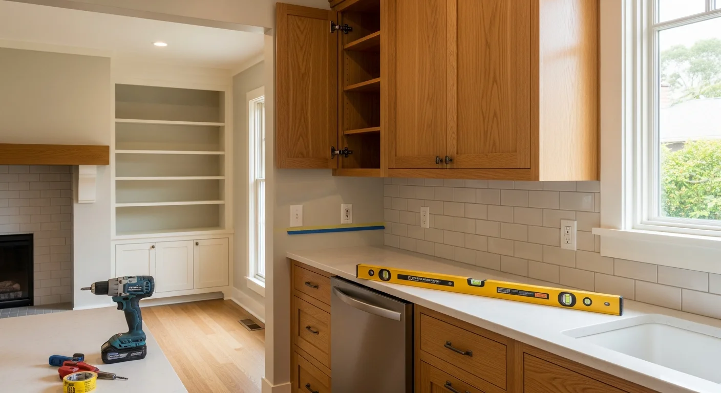 Newly installed white shaker kitchen cabinets with soft-close doors in a remodeled Los Gatos home. Upper and lower cabinet runs are level and flush, with clean trim lines that complement the home's Craftsman-style millwork.