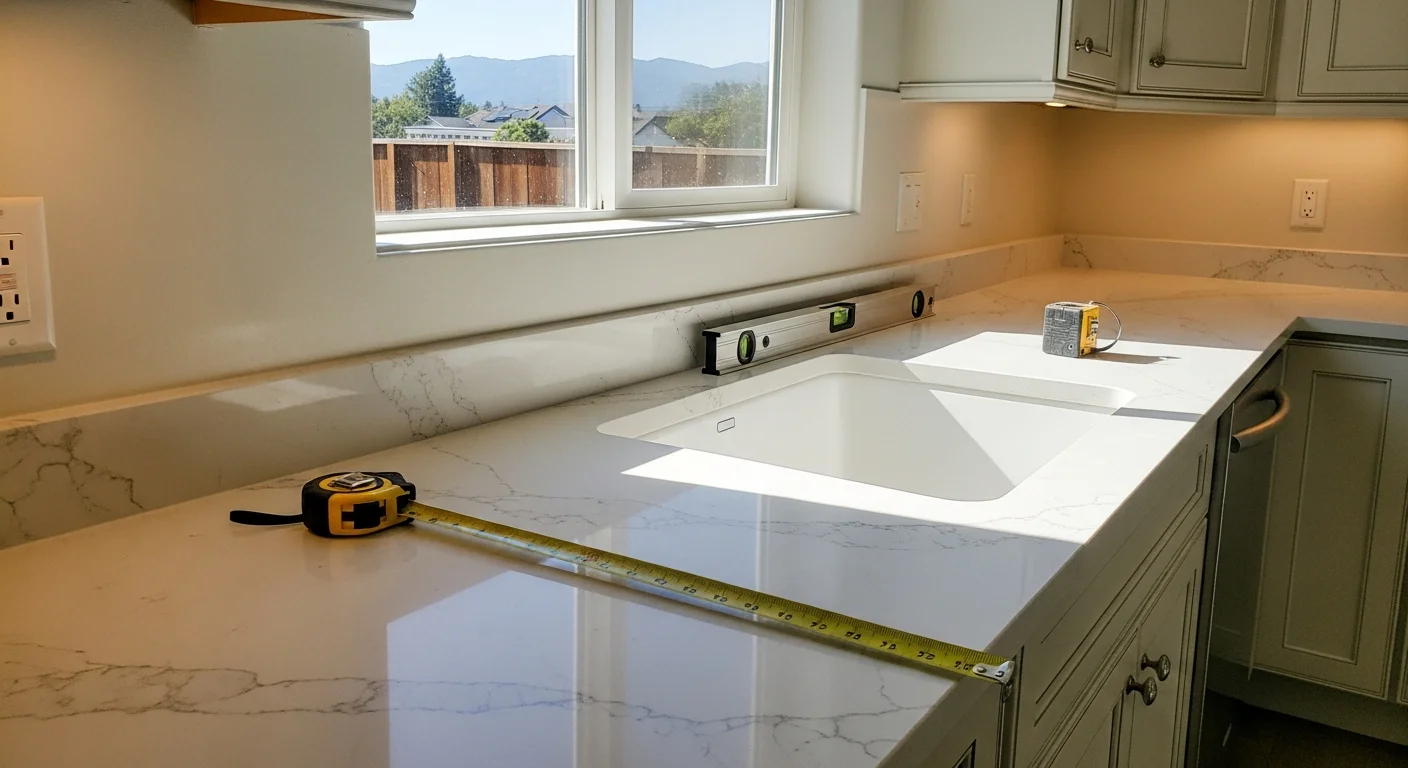 Newly installed stone countertop in a Los Gatos kitchen, showing clean edge profiles, an undermount sink cutout, and natural light from a window above the work surface. The countertop sits on white shaker cabinets in a single-story home typical of the Los Gatos area.