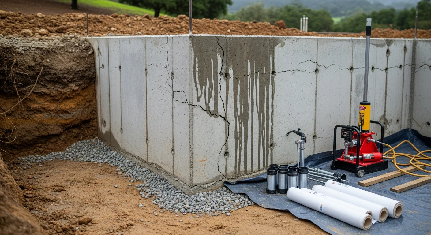 Exterior view of a Los Gatos hillside home showing repaired foundation wall with sealed cracks and restored concrete along the base. The surrounding soil has been regraded to direct water away from the structure.