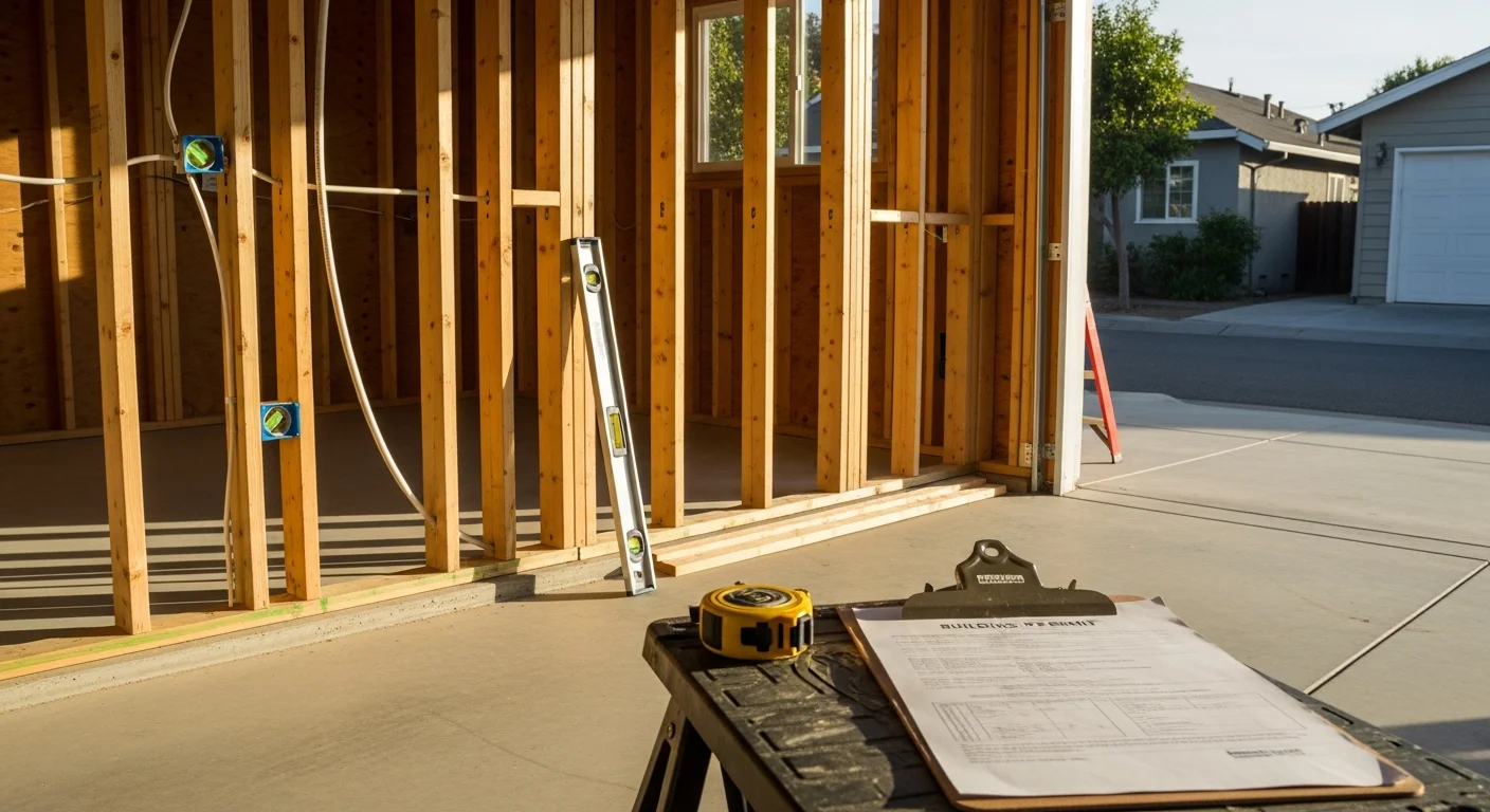 A finished garage conversion ADU interior in San Jose showing an open-plan kitchen and living area with a private entrance door. The converted space features insulated walls, recessed lighting, and a full bathroom visible through an interior doorway.