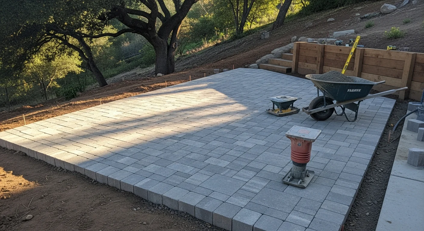 A finished hardscape patio with paver walkway and low retaining wall installed by GS Design and Build on a residential property in Los Gatos, California. The project shows graded stonework suited to the sloped lot and dry summer conditions of the area.