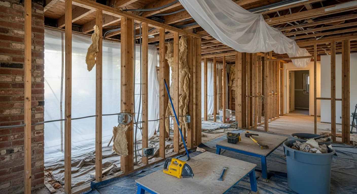 Interior of a Los Gatos home mid-demolition, with walls stripped to the framing and flooring removed to the subfloor. A clean, open room structure is visible, ready for remodeling by GS Design and Build.