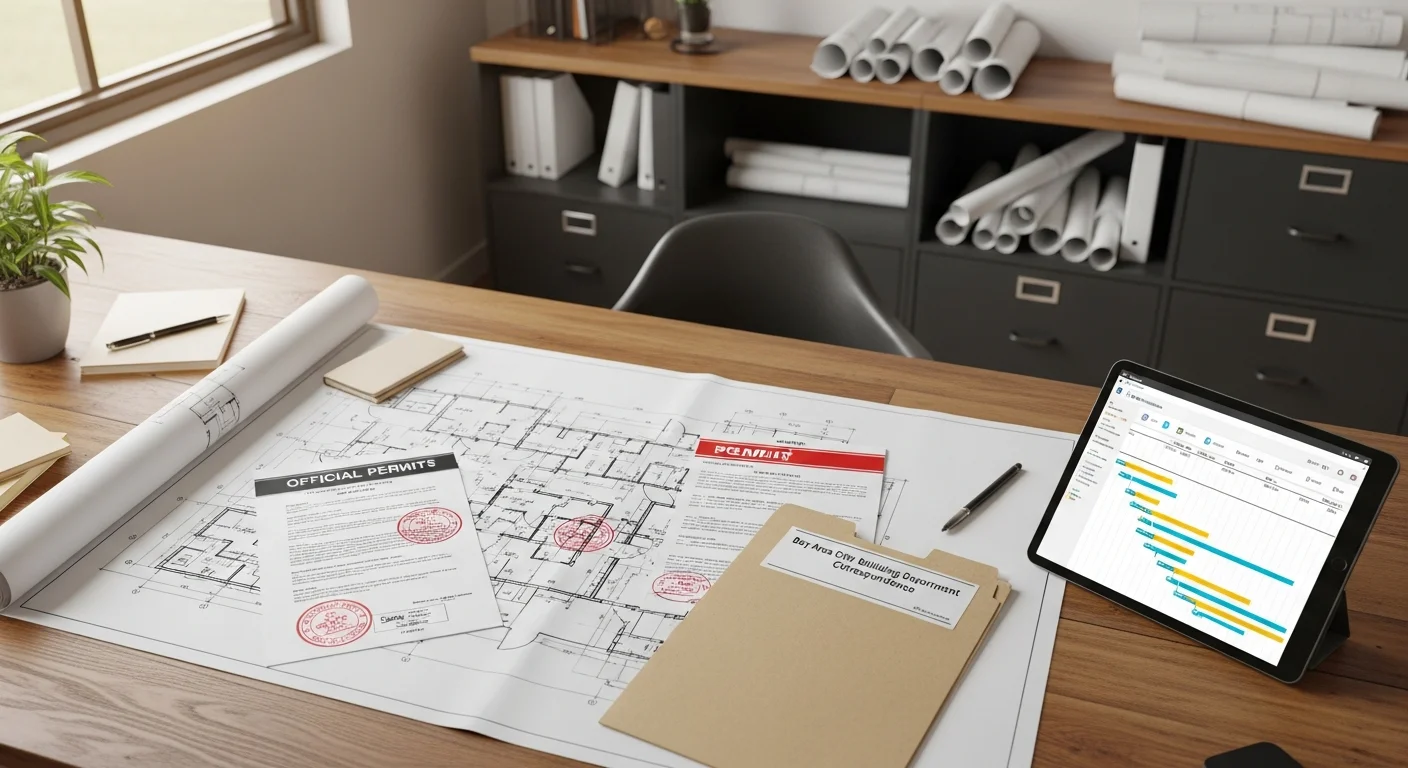 GS Design and Build project manager reviewing construction plans and permit documents at a job site, with blueprints and a finished home visible in the background