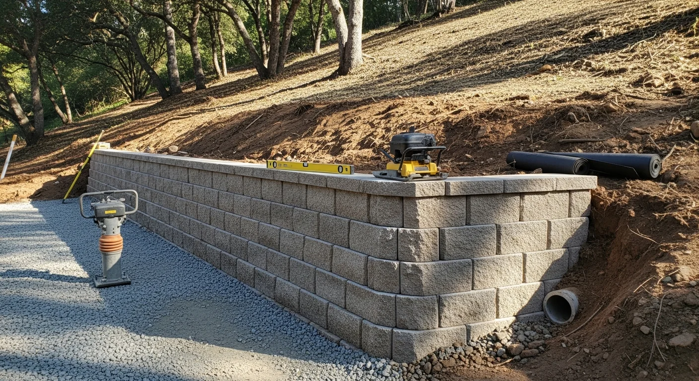 A finished retaining wall on a sloped residential lot in Los Gatos, California, with level terraced ground behind it and a hillside backdrop. The wall is built flush and straight, with visible drainage integration at the base.