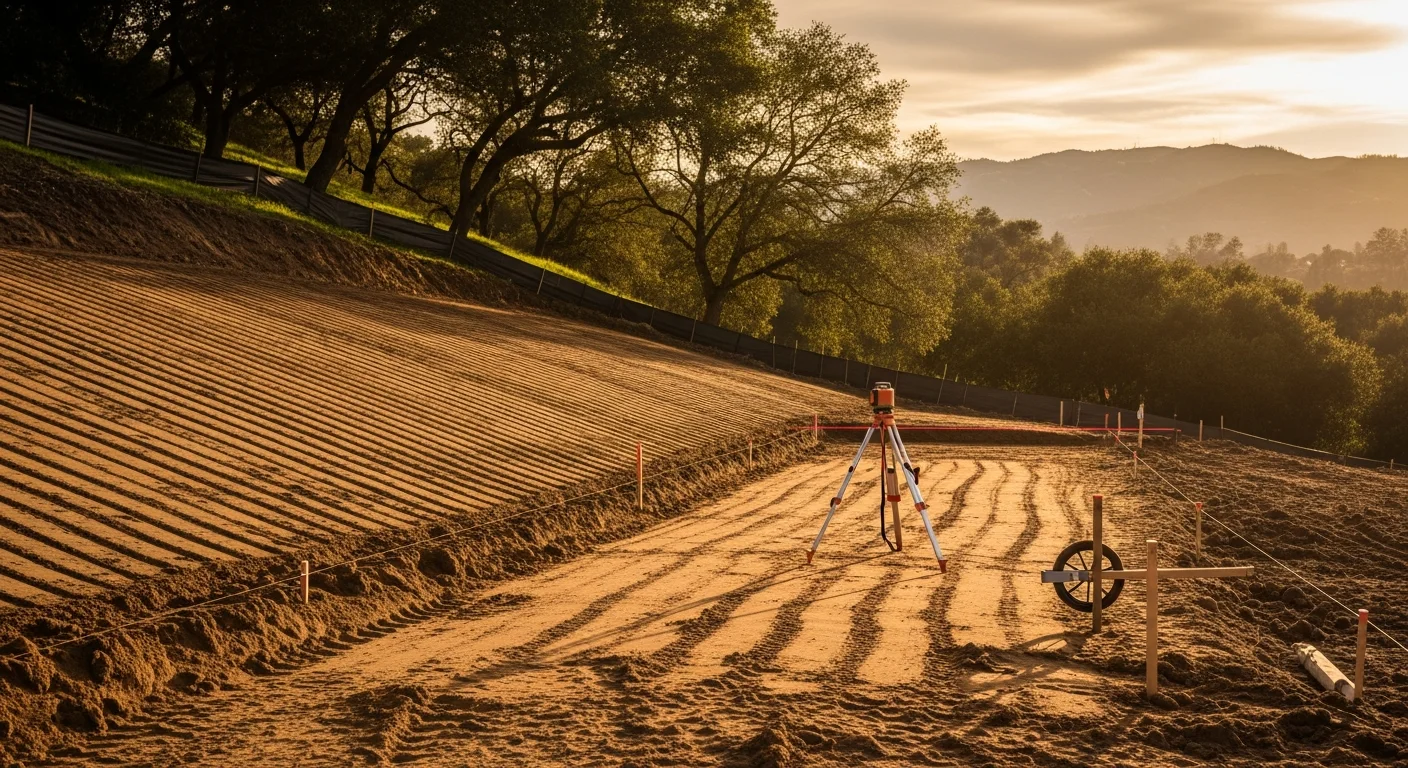 A graded and compacted residential lot in Los Gatos, California, with cleared terrain and visible drainage slope ready for foundation work. The surrounding hillside landscape and mature oaks are visible in the background.
